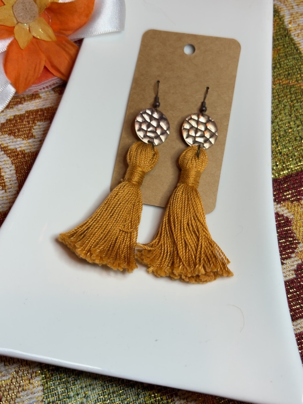 Mustard Tassel Drop Earrings with Hammered Metal Accent